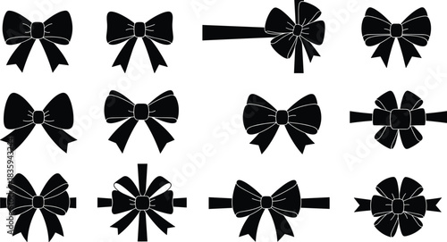Large vector set of decorative black ribbon bow silhouettes, featuring various knots, shapes, and ribbon tails, perfect for holiday gift wrapping, present package design, and festive graphic borders.