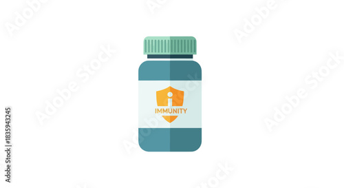 Teal Medicine Bottle with Ribbed Cap and Shield Protection Icon.