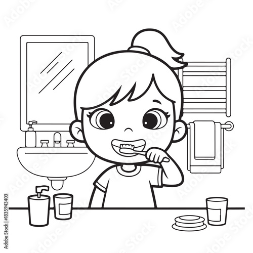 Adorable cartoon girl diligently brushing her teeth at the bathroom sink promoting daily hygiene habits