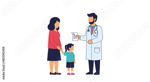 Doctor consulting with mother and child about medical results.