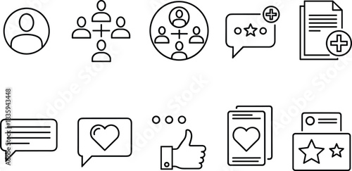 Linear social media icon set with user profile, team network, chat bubble, thumbs up, heart favorite, document and star rating, black outline vector illustration.