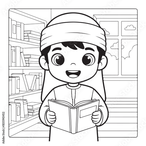Joyful young Arab boy wearing traditional attire happily reads an open book near library shelves