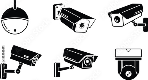 Security camera and CCTV icon set. Video surveillance system, digital recording, smart home protection, and dome cam vector collection.