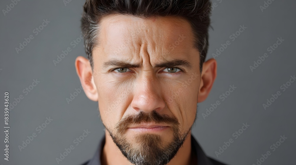 Fototapeta premium A man with furrowed brows and an intense serious expression set against a plain grey background