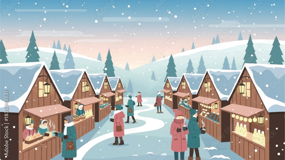 Fototapeta premium Winter Market Festival, Holiday Shopping, Snowy Landscape, Digital Illustration, Festive Atmosphere