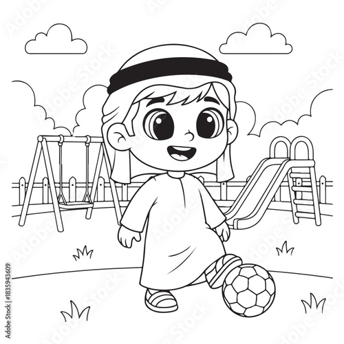 Joyful cartoon Arab boy in traditional dress coloring page playing soccer at sunny park playground