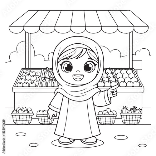 Charming young girl in hijab happily pointing at fresh fruit stall perfect for educational coloring activities