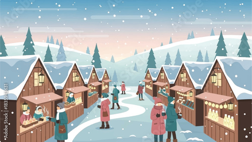 Winter Market Festival, Holiday Shopping, Snowy Landscape, Digital Illustration, Festive Atmosphere