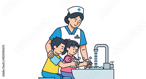 Nurse teaching children proper handwashing technique at sink.