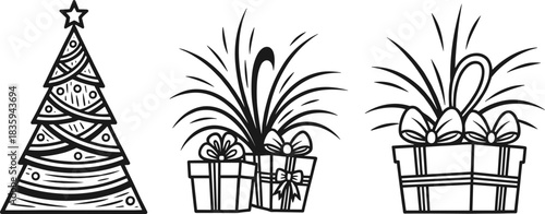 Minimalist Black and White Line Art Set Featuring a Stylized Christmas Tree and Two Holiday Gift Boxes with Bows and Festive Fireworks or Starbursts, Isolated on White Background.