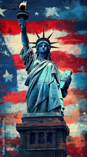 Wallpaper Mural The Statue of Liberty standing tall with torch raised against a painted backdrop of the American flag, evoking freedom and patriotism Torontodigital.ca