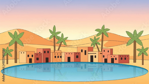 Desert Oasis Town With Palm Trees Reflecting In The Water Under A Clear Blue Sky