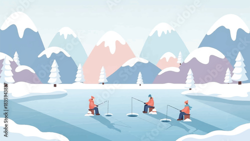 Anglers on Ice in a Serene Mountain Lake Landscape