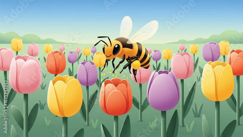 Bee Pollinating Colorful Tulips in a Vibrant Garden Scene, Nature Illustration