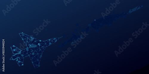 Abstract airplane illustration with connected dots and lines in blue
