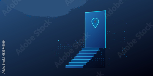 Blue door with location pin and stairs in a digital world