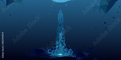 Low poly rocket launching into space with geometric fragments