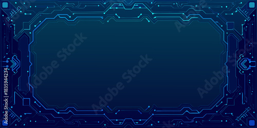Futuristic technology frame with circuit board pattern and dark blue gradient