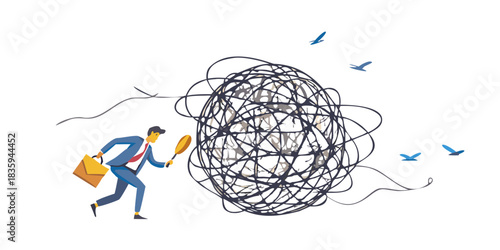 Businessman with magnifying glass investigating a tangled mess finding clarity