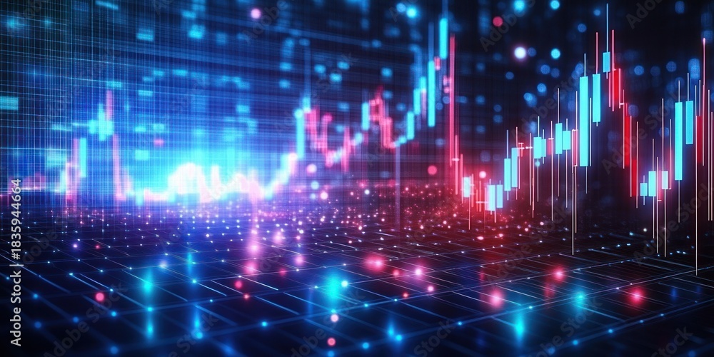 Obraz premium Digital 3D stock market graph with fluctuating blue and red candlestick charts and glowing grid background conveying financial data analysis and futuristic technology