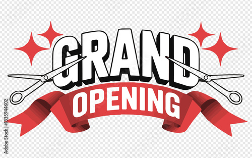 Celebrate a grand opening with this bold, stylish graphic design featuring scissors and a red ribbon, perfect for attracting new customers to your business