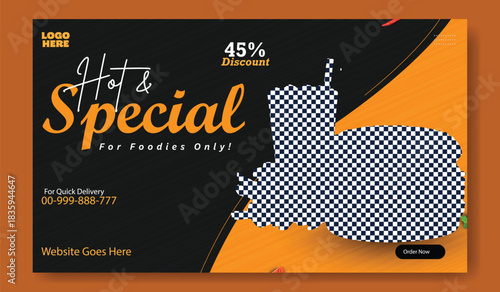 Delicious roasted chicken with fresh vegetables and herbs on a red background with percentage discount offer