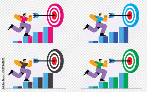 Achieving goals, vibrant modern illustration of a man running up stairs towards success target, visual metaphor for business growth and hitting targets
