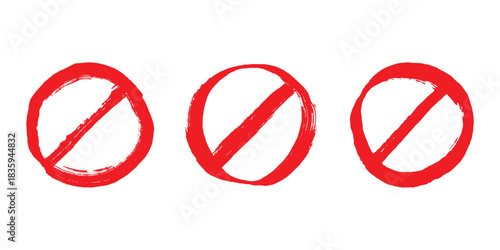Set of hand drawn prohibition sign No entry symbol Red circle with cross line clipart in doodle style Ban Restriction Forbidden stop Single element for print, web, design