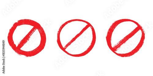 Set of hand drawn prohibition sign No entry symbol Red circle with cross line clipart in doodle style Ban Restriction Forbidden stop Single element for print, web, design