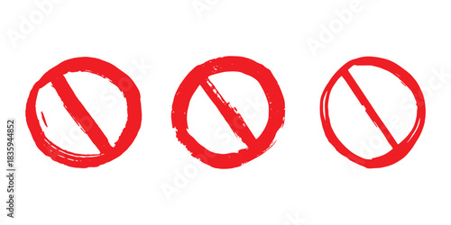 Set of hand drawn prohibition sign No entry symbol Red circle with cross line clipart in doodle style Ban Restriction Forbidden stop Single element for print, web, design