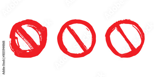 Set of hand drawn prohibition sign No entry symbol Red circle with cross line clipart in doodle style Ban Restriction Forbidden stop Single element for print, web, design