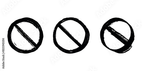 Set of hand drawn prohibition sign No entry symbol Black circle with cross line clipart in doodle style Ban Restriction Forbidden stop Single element for print, web, design