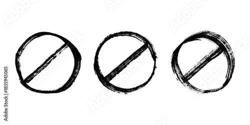 Set of hand drawn prohibition sign No entry symbol Black circle with cross line clipart in doodle style Ban Restriction Forbidden stop Single element for print, web, design