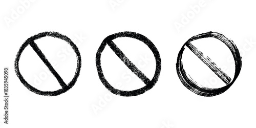 Set of hand drawn prohibition sign No entry symbol Black circle with cross line clipart in doodle style Ban Restriction Forbidden stop Single element for print, web, design