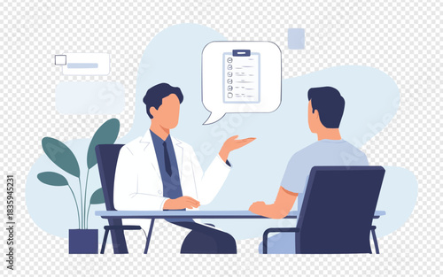 Caring doctor consulting with patient about health checklist, creating a supportive and informative environment that emphasizes wellness and prevention