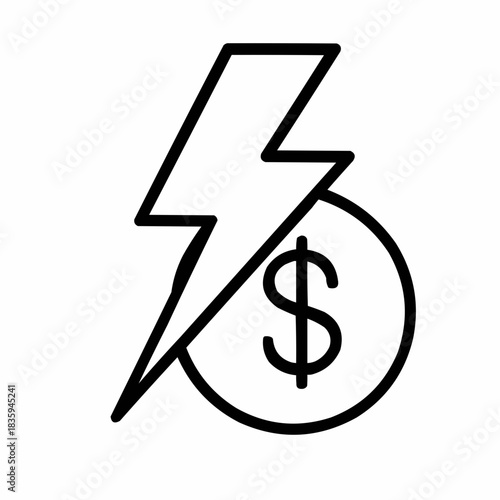 Line icon of a lightning bolt over a coin — fast transaction, black on white, square minimalist style