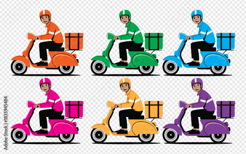 Vibrant collection of diverse delivery drivers on scooters ready to bring fast service to your brand with eye-catching style and modern transportation solutions