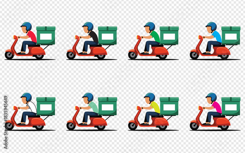 Vibrant delivery service team on scooters offers fast shipping and logistics solutions for modern businesses, perfect for food and package delivery promotions