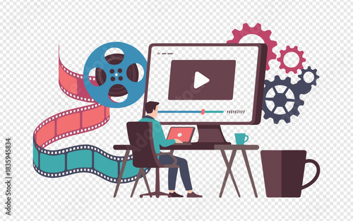 Dynamic video editor working on laptop with movie reel and editing software, ideal for creative professionals and digital media projects, workflow illustration