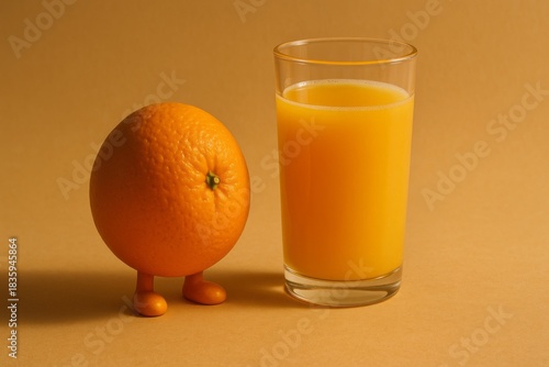 Orange fruit with legs standing next to juice glass