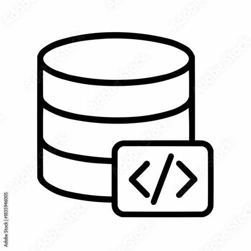 Line icon of a database cylinder with code tag, black on white, square minimalist style