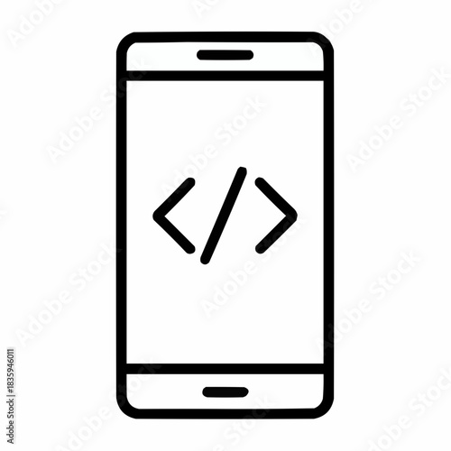 Line icon of a mobile phone with code brackets — app development, black on white, square minimalist style
