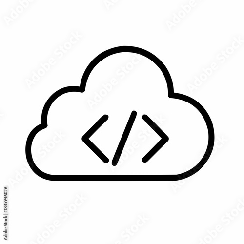 Line icon of a cloud with code brackets — cloud development, black on white, square minimalist style