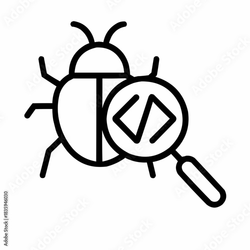 Line icon of a bug with magnifying glass — debugging, black on white, square minimalist style