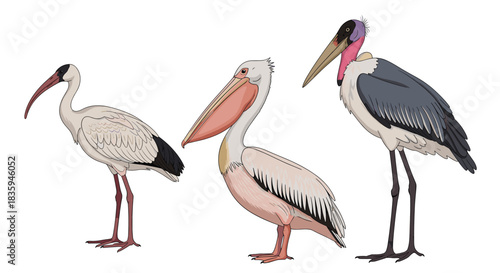 Three illustrated wading birds, an ibis, a pelican, and a marabou stork, stand together on a clean white background.