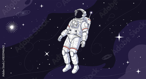 A lone astronaut drifts in the vastness of the cosmos, with swirling nebulae, twinkling stars, and a distant galaxy forming the backdrop.