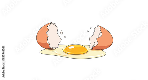 Vibrant cartoon illustration of a raw chicken egg freshly cracked, with its shell halves separated and the bright yellow yolk visible amidst the clear egg white.