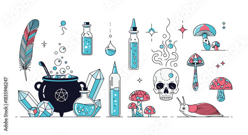 A whimsical collection of magical and mystical objects, featuring a cauldron, potions, crystals, and enchanted creatures.