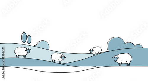 Minimalist illustration of sheep grazing peacefully on rolling blue hills with trees and bushes under a clear sky, conveying a tranquil rural scene.
