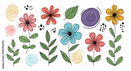 A cheerful collection of hand-drawn floral elements featuring colorful flowers, green leaves, and abstract spirals on a clean white background.
